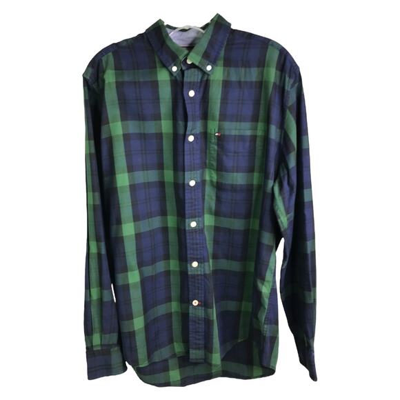 Tommy Hilfiger Button Down Shirt Mens Size Medium Blue Green Plaid Classic Peppy - Picture 1 of 5